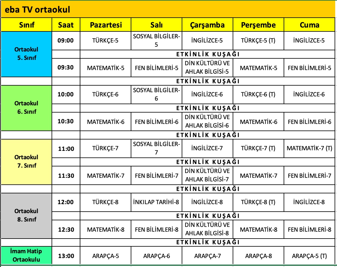 eba tv ortaokul yayın programı